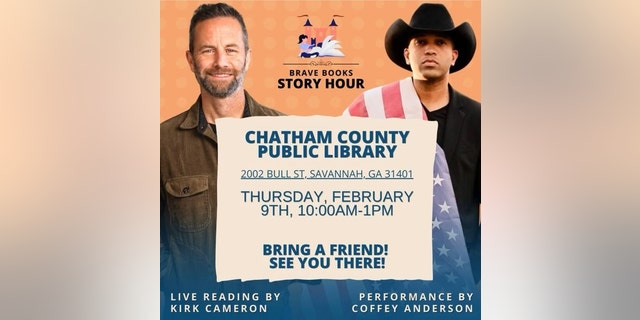 Kirk Cameron, along with singer-songwriter Coffey Anderson, will appear at the Chatham County Public Library in Savannah, Georgia, on Thursday. The event is part of Cameron's recently announced 15-city tour to public libraries all over the country. 