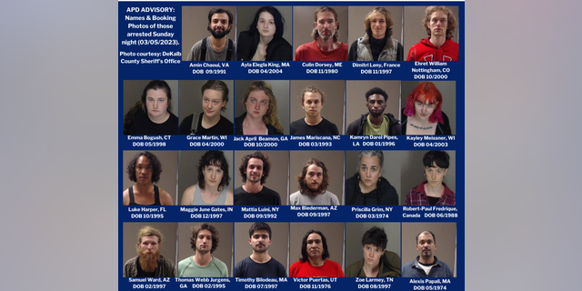 A compilation of booking photos for those arrested by police in connection with the "Cop City" attack on Sunday.