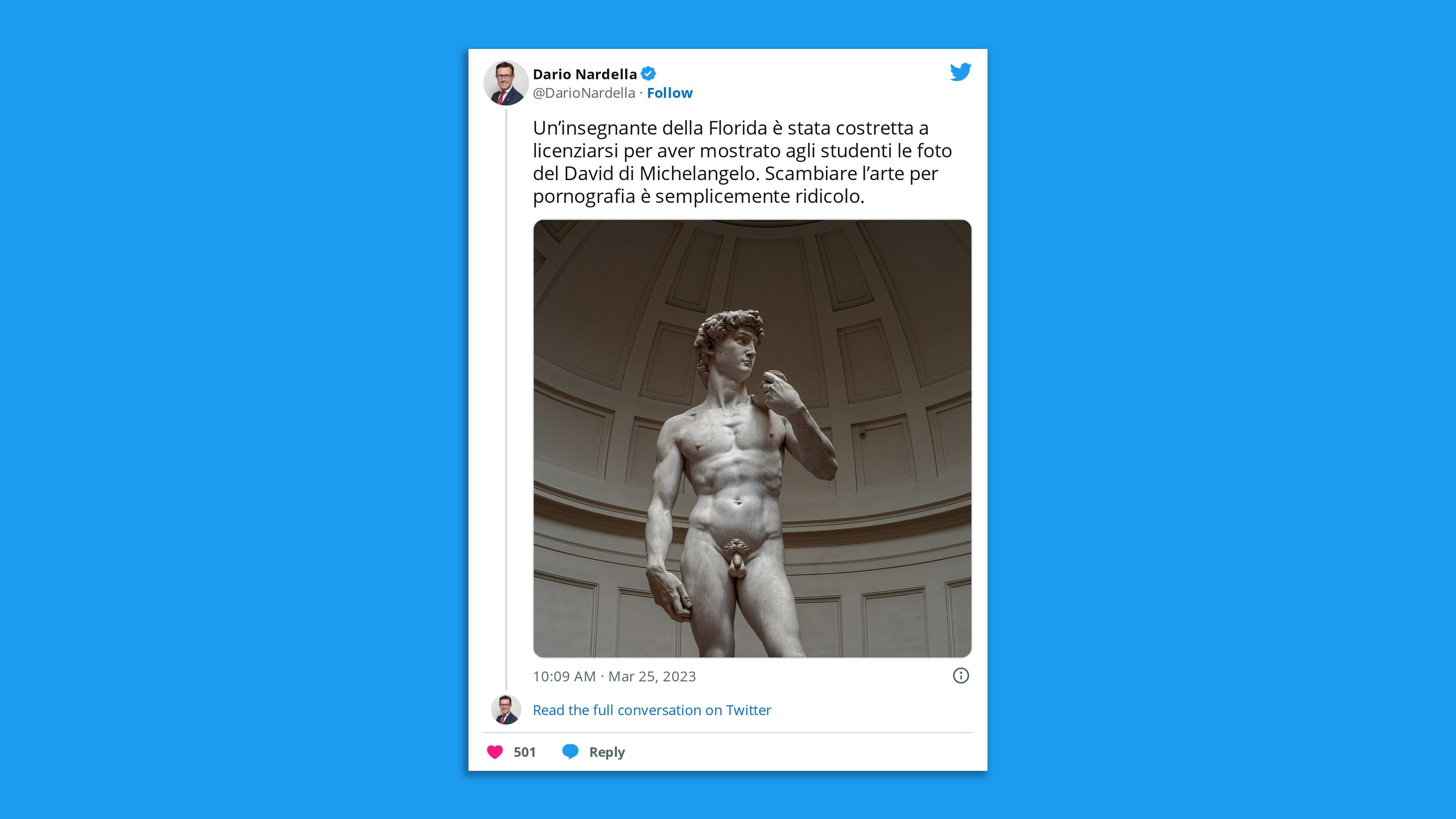 A screenshot of a tweet by Florence's mayor stating: "A Florida teacher was forced to quit for showing students photos of Michelangelo's David. Mistaking art for pornography is just ridiculous."