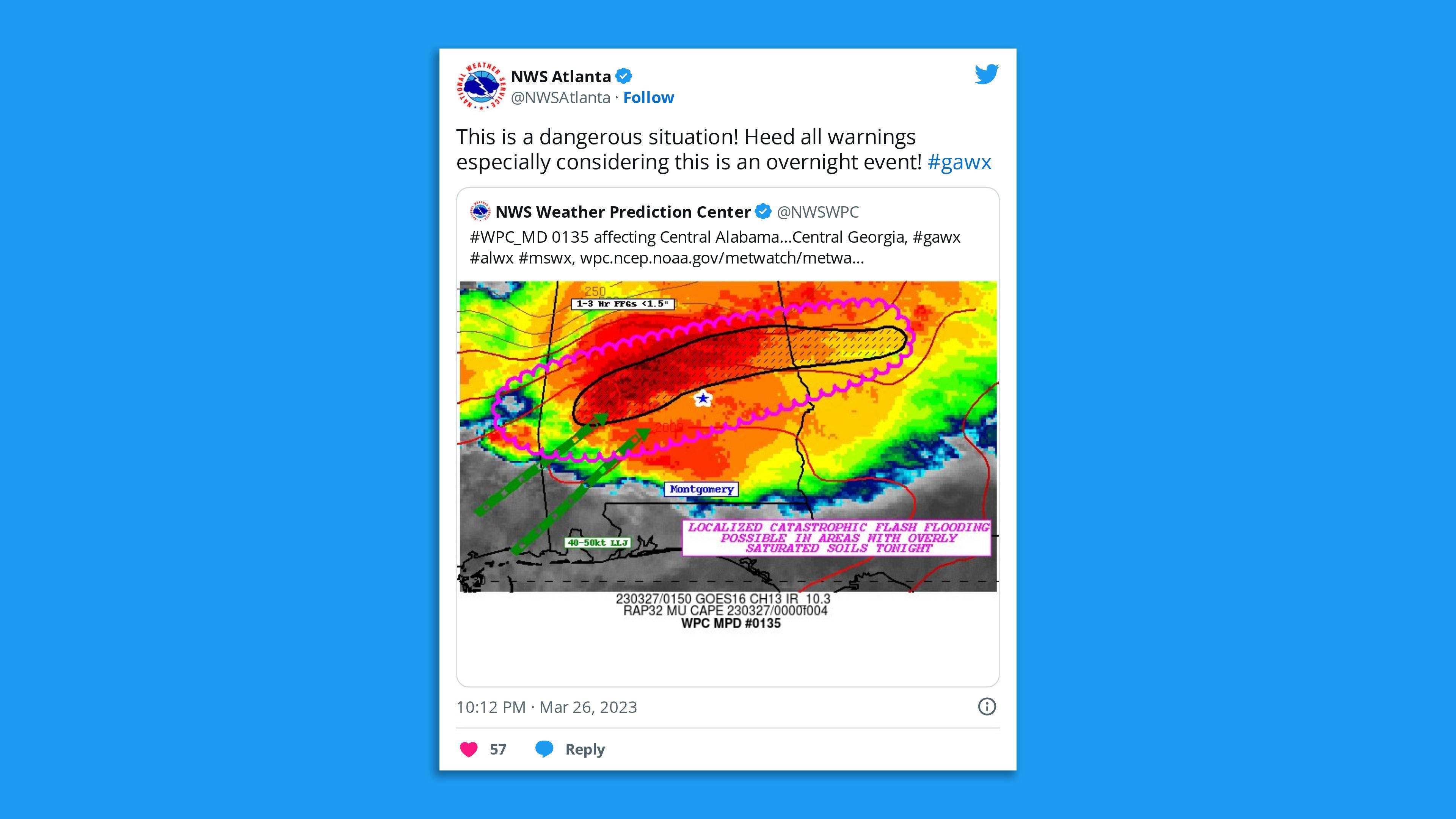 A screenshot of an NWS tweet warning of potentially "catastrophic" localized flooding in Alabama and Georgia.