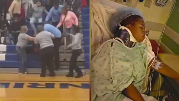 Thornridge high school student beaten by security guard during basketball game after she allegedly spat on him.