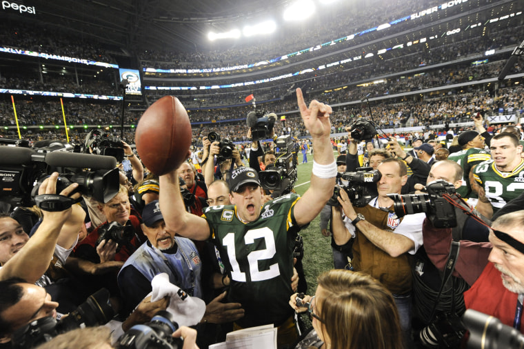 Aaron Rodgers after defeating the Pittsburgh Steelers in Super Bowl XLV in Arlington, Texas