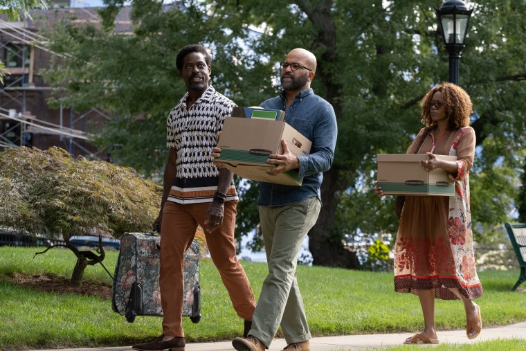 Sterling K. Brown stars as Cliff Ellison, Jeffrey Wright as Thelonious "Monk" Ellison and 
Erika Alexander as Coraline in "American Fiction."